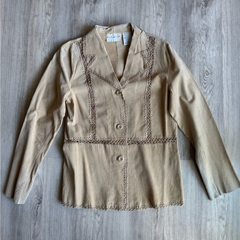 Vintage White Stag Tan Leather Suede Crochet Boho Western Festival Blazer Jacket